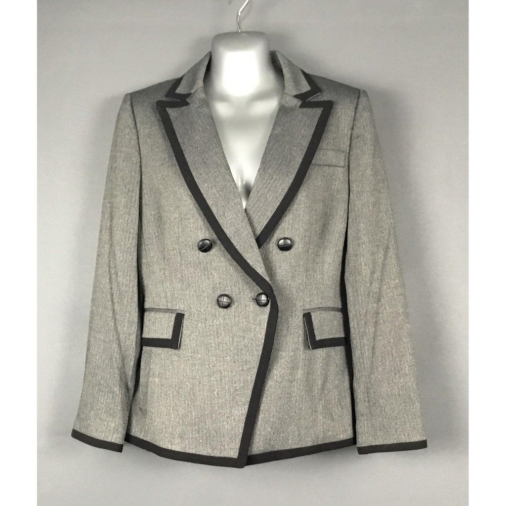 Tahari Arthur S. Levine Blazer Womens 6 Gray Herringbone Trim Double Breasted